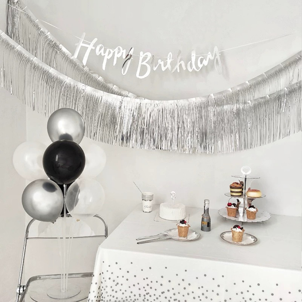ins风银色数字气球雨丝帘拉旗 儿童周岁生日派对装饰场景布置道具