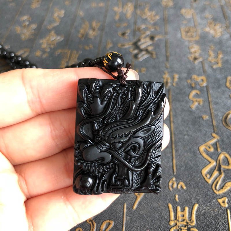 生肖龙牌天然黑曜石玉佩证书吊坠
