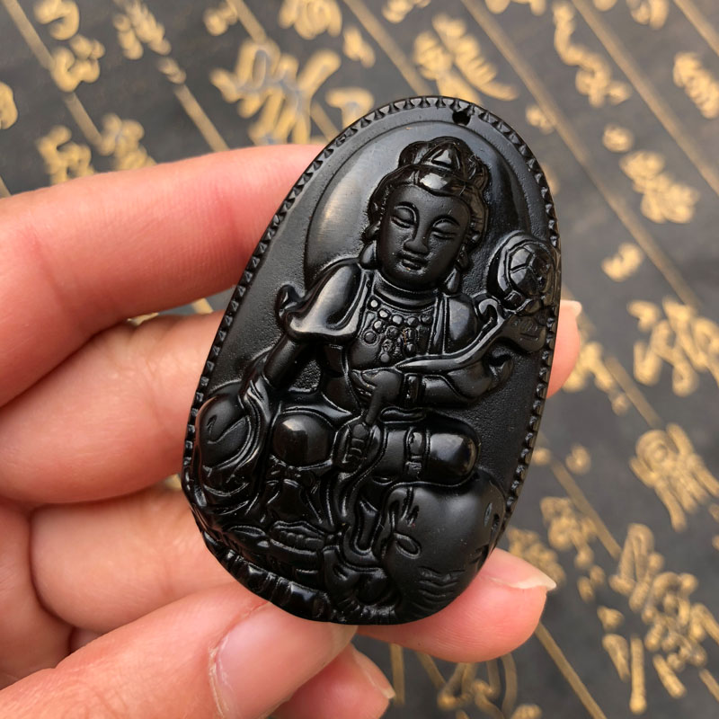 普贤菩萨天然黑曜石吊坠男女项链随身玉石挂件玉坠玉佩项链送证书