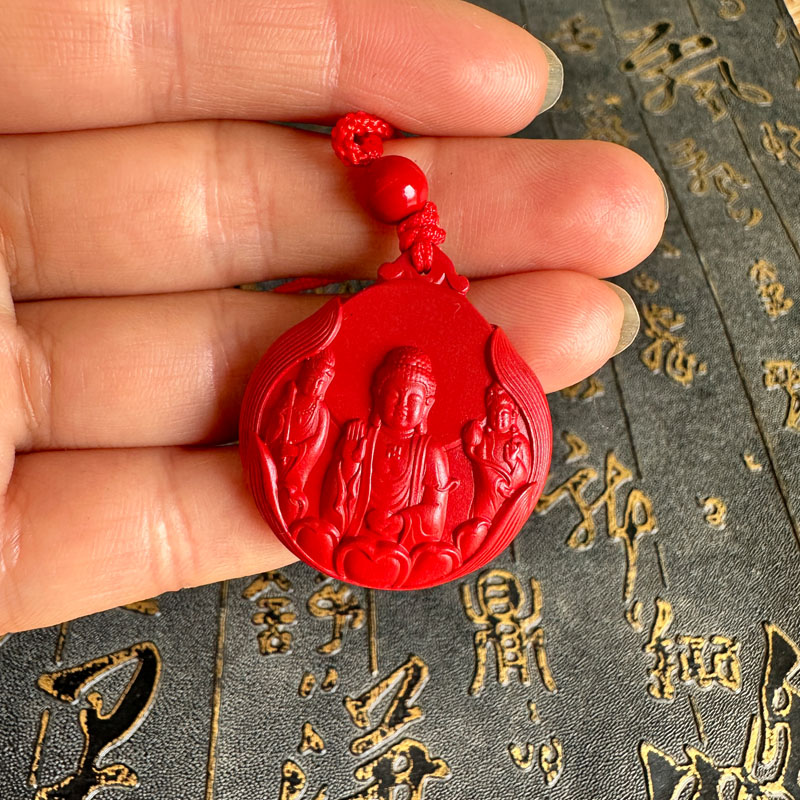 西方三圣吊坠保真朱砂佛像项链男款女士阿弥陀佛观音挂件送证书