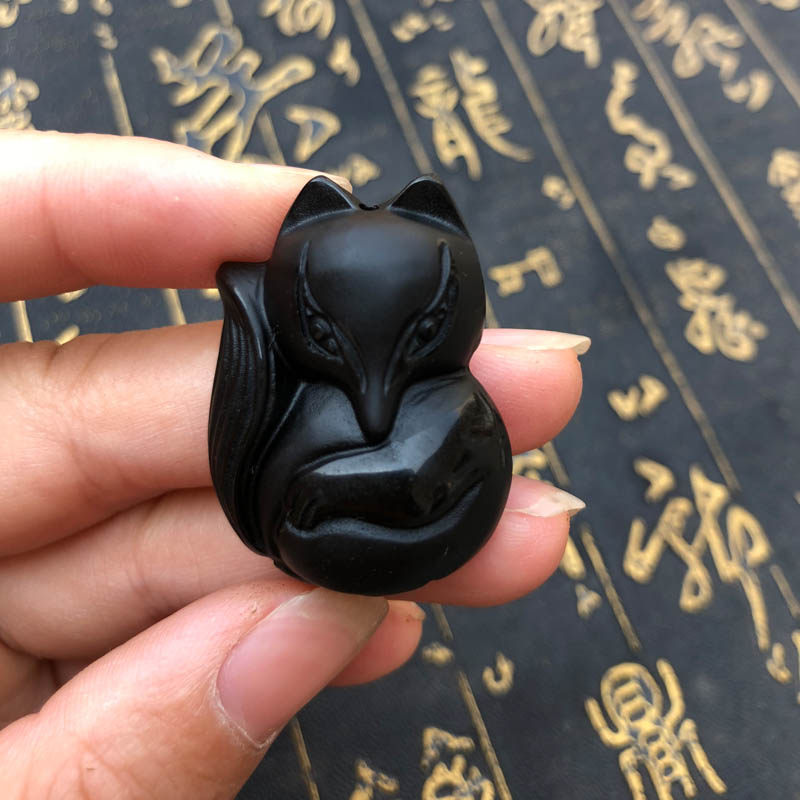 天然黑曜石招桃花证书狐狸吊坠