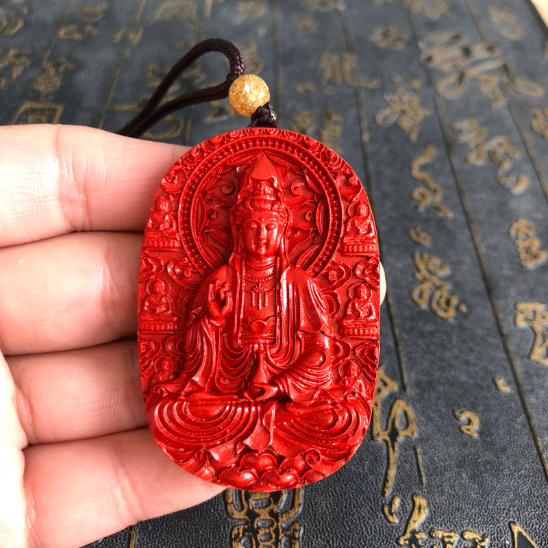 帝王红朱砂莲花观音佛吊坠玉石菩萨挂件男女款宝玉瓶观音玉佩项链