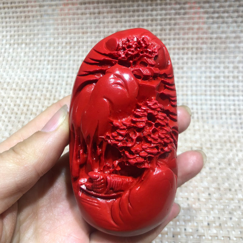 台湾原色帝王红朱砂山水意境手把件玉手把玩送证书