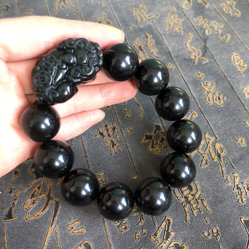天然黑曜石手链彩曜石貔貅手链手串情侣玉串男女佛珠玉链送证书
