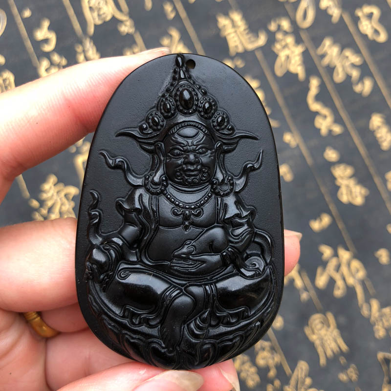 天然黑曜石佛牌藏族证书黄财神