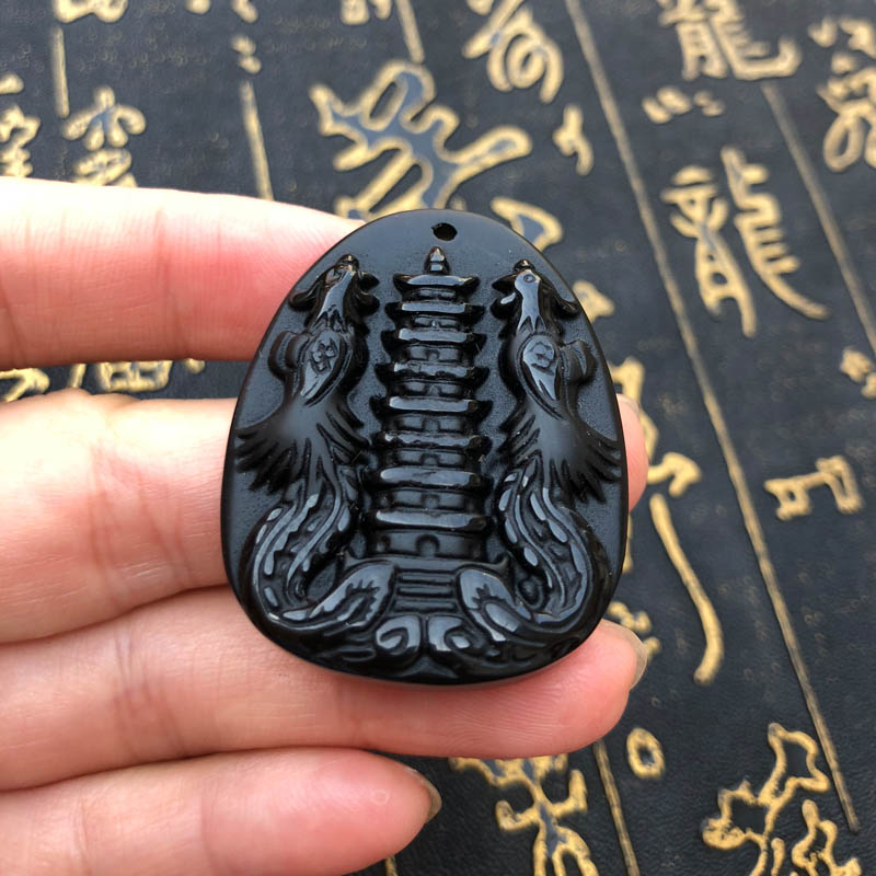 天然黑曜石招财朱雀五行缺火吊坠