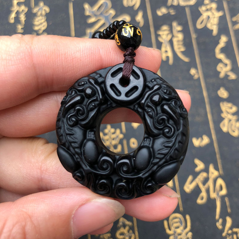 天然黑曜石金钱双貔貅平安扣吊坠转运护身招财男女款项链证书