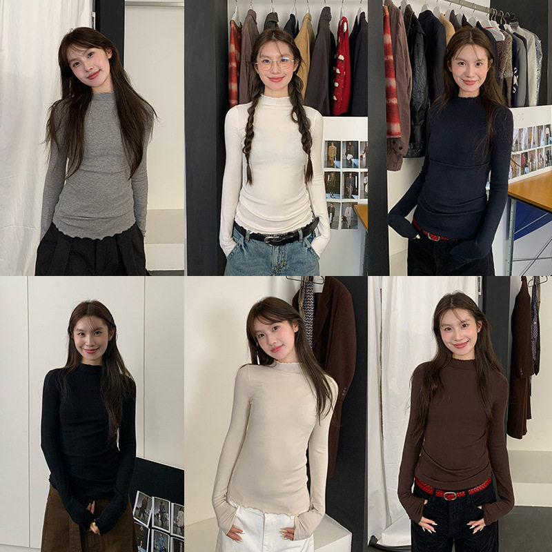 木耳边半高领打底衫女秋冬新款韩版修身显瘦ins内搭长袖t恤