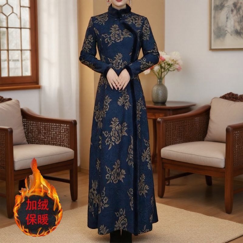 2025新款连衣裙妈妈秋冬高定云锦丝烫金花加绒加厚新中式长旗袍裙