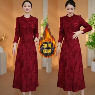高贵云锦丝凤尾花加绒加厚提花保暖旗袍连衣裙中老年大码洋气裙子