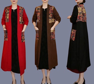 开衫 时尚 显瘦曲珠针织拼接丝缎印花中长款 上档次大码 外套 披肩新款