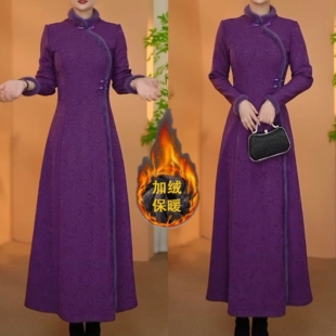 秋冬新款高定云锦丝提花加绒加厚保暖旗袍连衣裙高贵夫人长款裙子