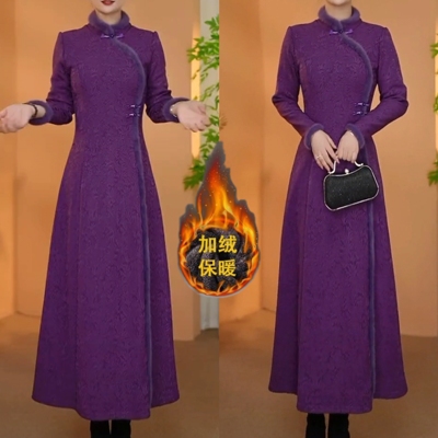 秋冬新款高定云锦丝提花加绒加厚保暖旗袍连衣裙高贵夫人长款裙子