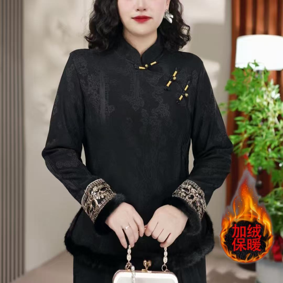 秋冬加绒加厚旗袍上衣高贵气质国风打底衫时尚大码新中式保暖衬衣