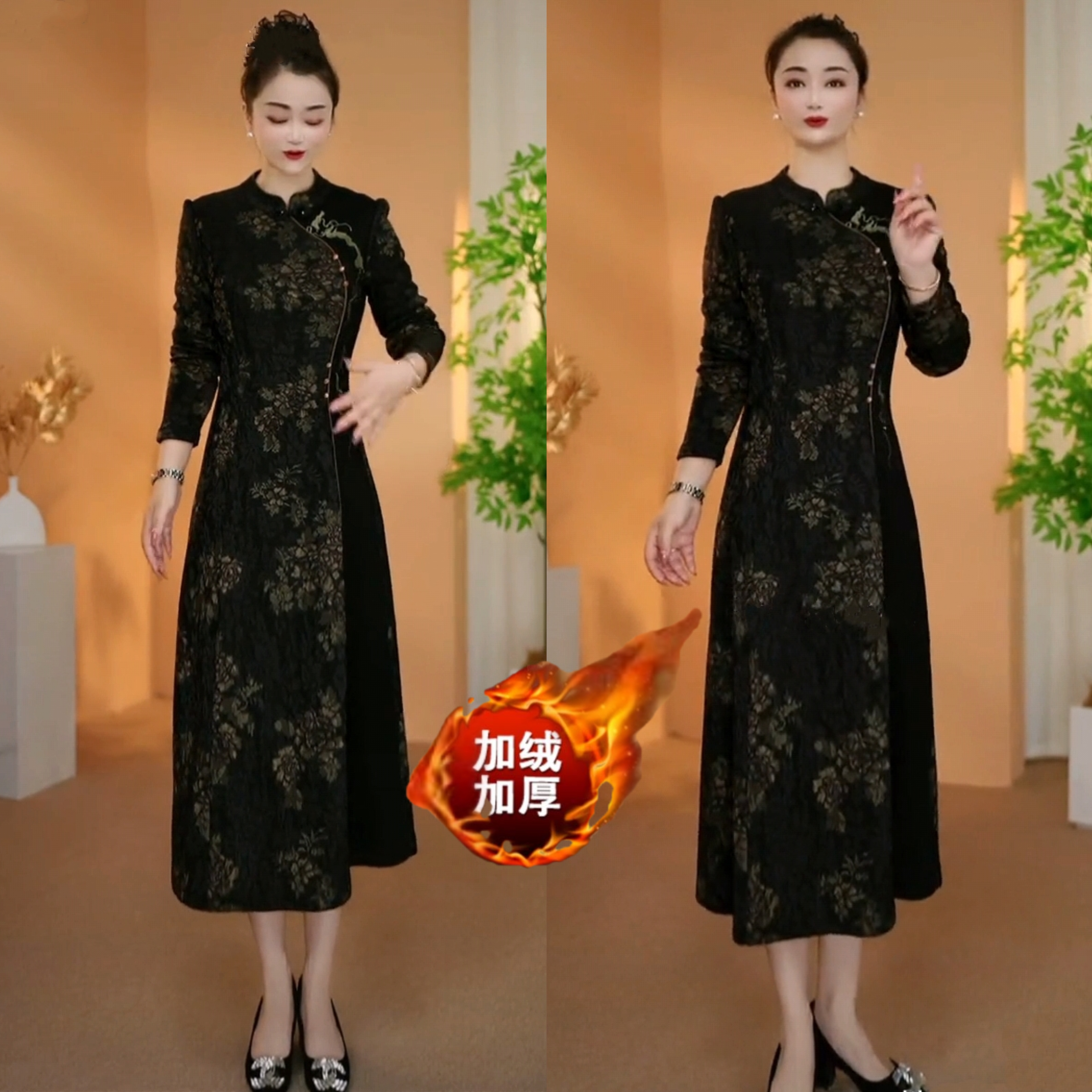 妈妈加绒加厚重工刺绣云锦丝提花烫金连衣裙秋冬新款显瘦旗袍裙子