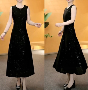 背心裙子百搭洋气打底裙 锦棉罗马满天星烫金连衣裙女时尚 新款 无袖