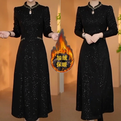 高级感时尚气质秋冬季加绒加厚连衣裙洋气遮肉显瘦水滴领旗袍裙子