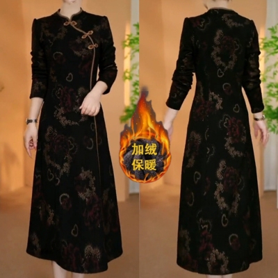 妈妈加绒加厚连衣裙秋冬新款时尚复古大码旗袍裙子中长款过膝长裙