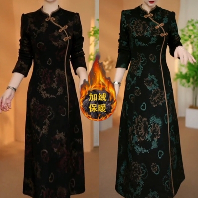 妈妈复古改良中式旗袍加绒连衣裙新款气质2025显瘦中长款长袖裙子