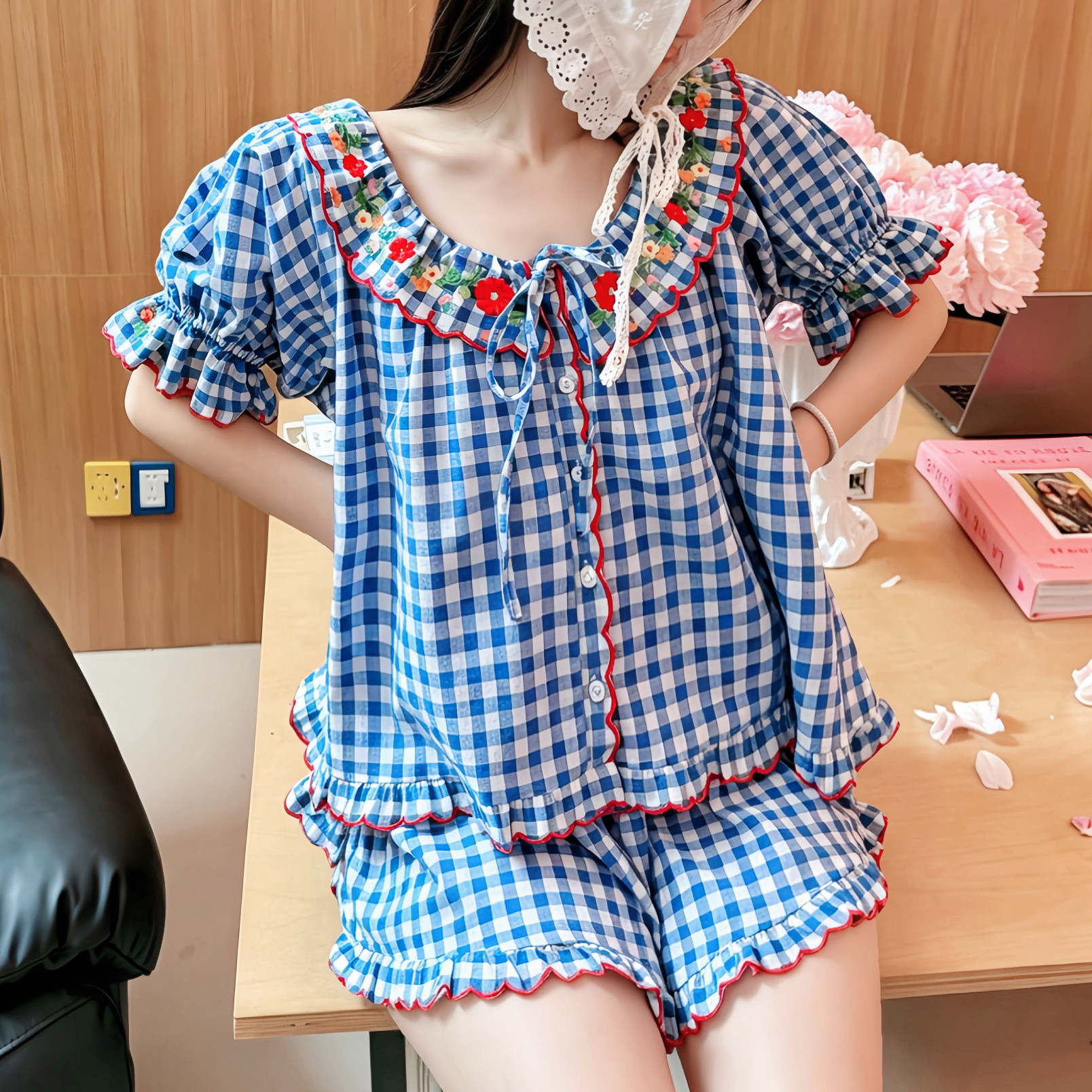 夏季法式宫廷风睡衣女纯棉甜美刺绣短袖全棉套装可外穿家居服