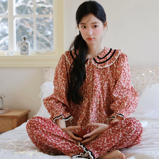 舒适透气家居服 ins风春秋复古美拉德蝴蝶睡衣女宫廷风纯棉套装