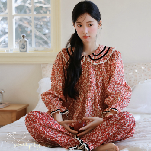 ins风春秋复古美拉德蝴蝶睡衣女宫廷风纯棉套装舒适透气家居服