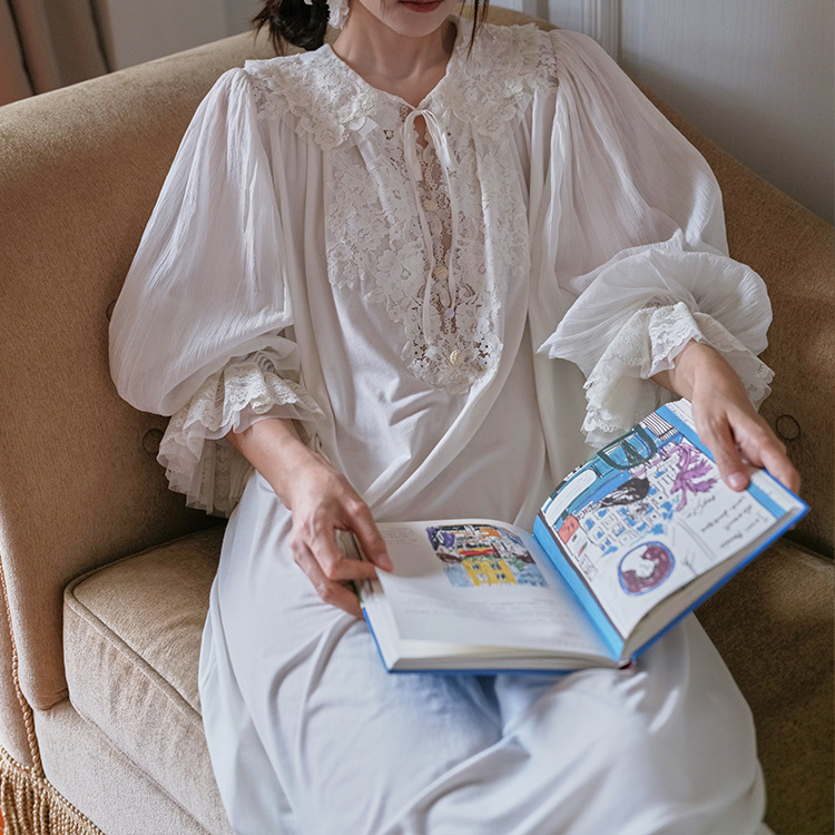 仙女复古手工蕾丝莫代尔睡裙欧洲古典法式甜美宫廷风睡衣家居服秋
