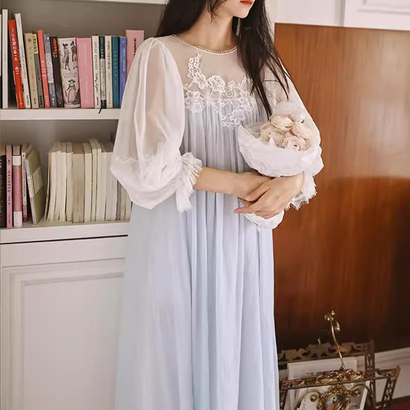 法式宫廷风纯棉蕾丝仙女睡裙长款