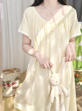 夏季宫廷公主风纯棉短袖睡裙女蕾丝甜美少女复古白色纯欲风睡衣女