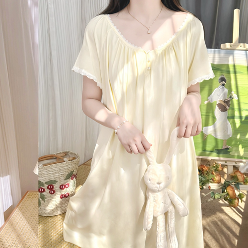 夏季宫廷公主风纯棉短袖睡裙女蕾丝甜美少女复古白色纯欲风睡衣女