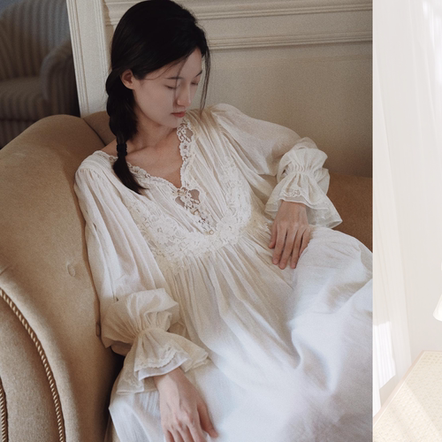 法式宫廷纯欲风复古纯棉蕾丝睡裙家居服长袖长款新款睡衣女春秋季