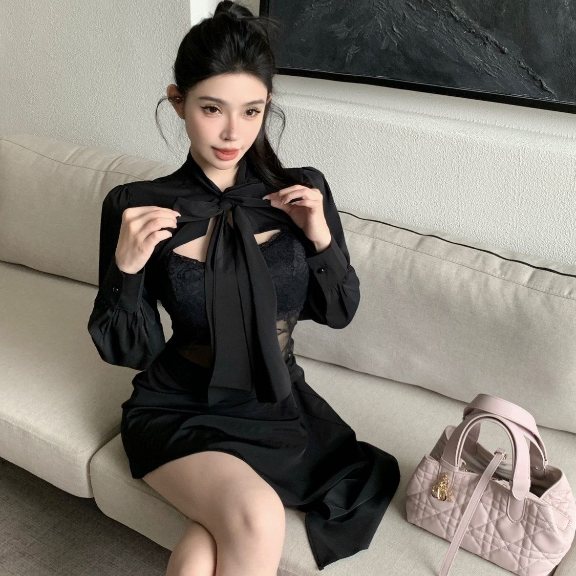 SHINESTING 黑色雪纺衬衫套装女蕾丝吊带背心+飘带披肩两件套,女装/女士精品,衬衫,淘宝优惠券,粉丝福利购,淘宝优惠卷