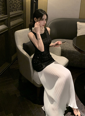 SHINESTING【黑色天鹅】亮片露背长裙女拼接压褶长款连衣裙
