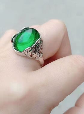 厂家直销绿玛瑙蝴蝶戒指祖母绿女士指环宝石皇冠开口戒礼物