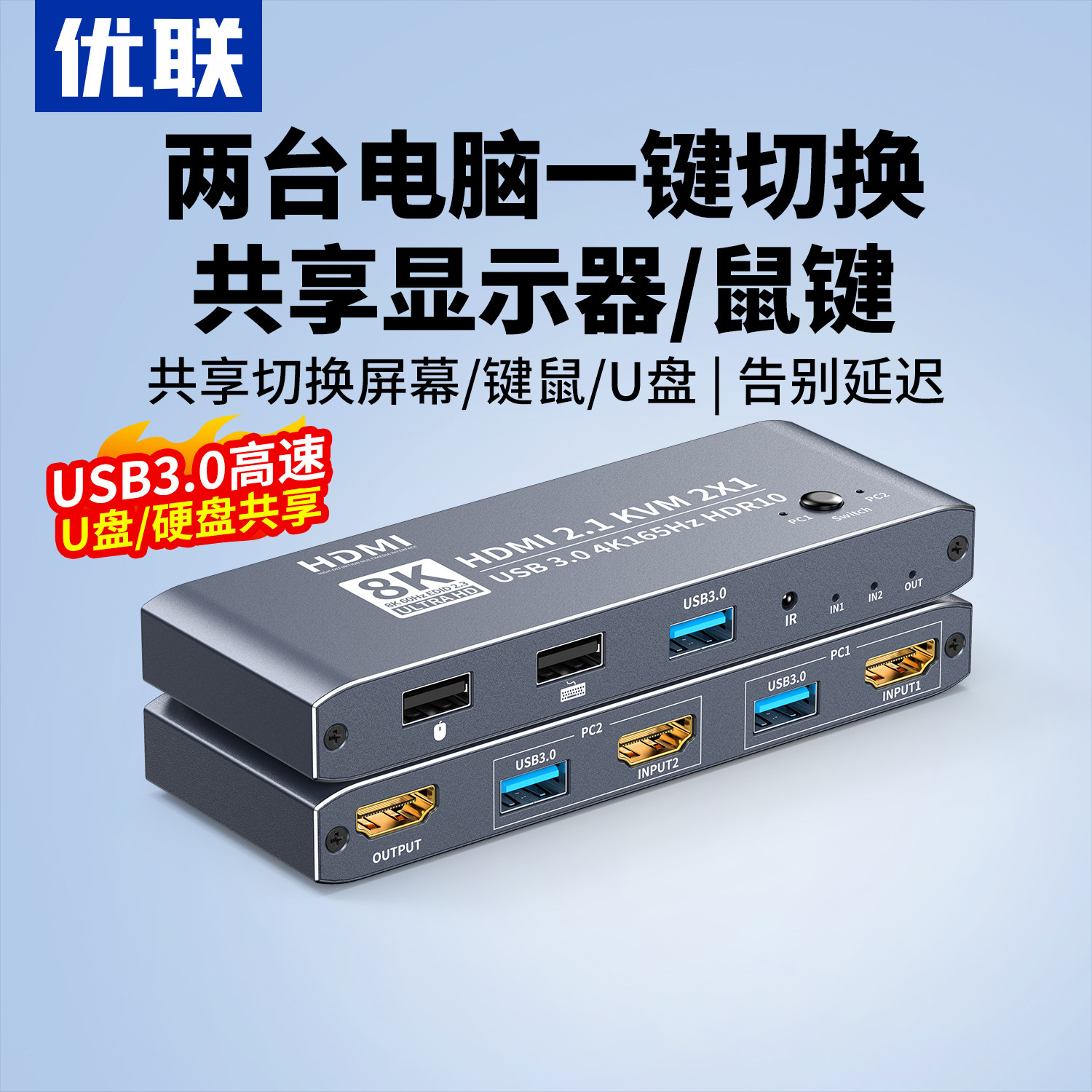 优联kvm切换器hdmi二进一出一套键盘鼠标控制两台电脑2双主机共用一个显示器带多usb3.0共享同步分配切屏器