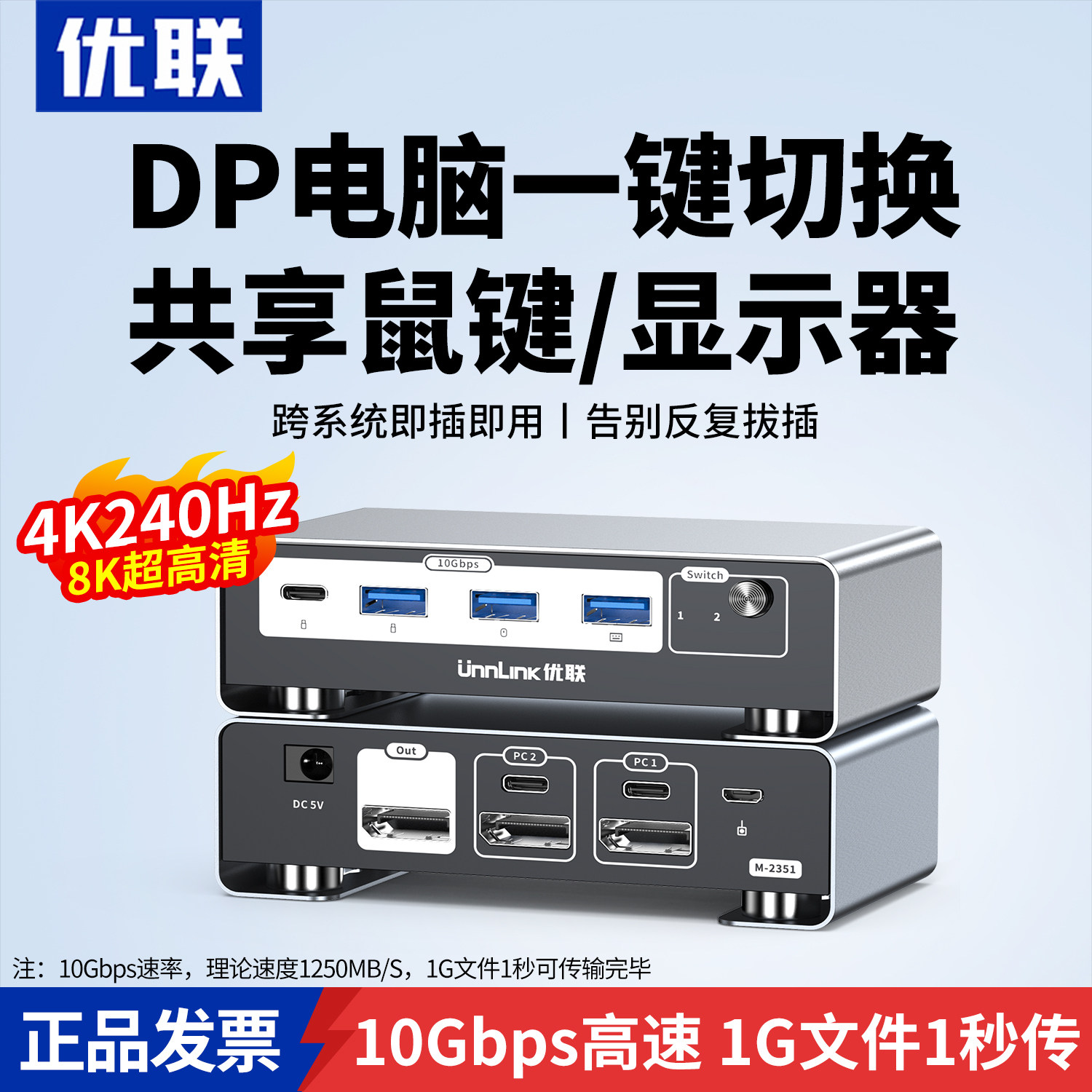优联kvm切换器dp二进一出一套键盘鼠标控制两台电脑两台二主机共用一个显示器usb打印机共享同步器分配切屏器图片