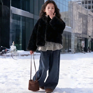 女童皮草外套2026新款宝宝棉服母女亲子装毛绒棉袄中大童加厚冬装