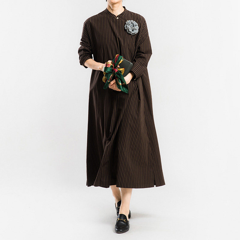 城市山民UrbanTribe2026春女式棉色织条纹立领偏襟连衣裙CF99286