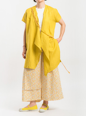 城市山民UrbanTribe2025夏女式亚麻酵素洗偏襟短袖开衫CF39193