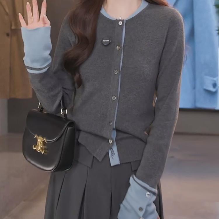 灰蓝撞色假两件针织衫女春季开衫毛衣2025新款长袖灰色高级感上衣