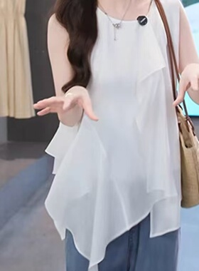 汉服白色荷叶边醋酸无袖小衫女2026夏季新款高级感天丝雪纺衬衫