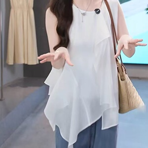 汉服白色荷叶边醋酸无袖小衫女2025夏季新款高级感天丝雪纺衬衫