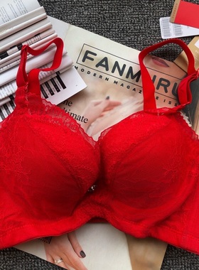 旺华内衣舒适蕾丝中厚模杯调整型胸罩有钢圈红色文胸排扣三排W508