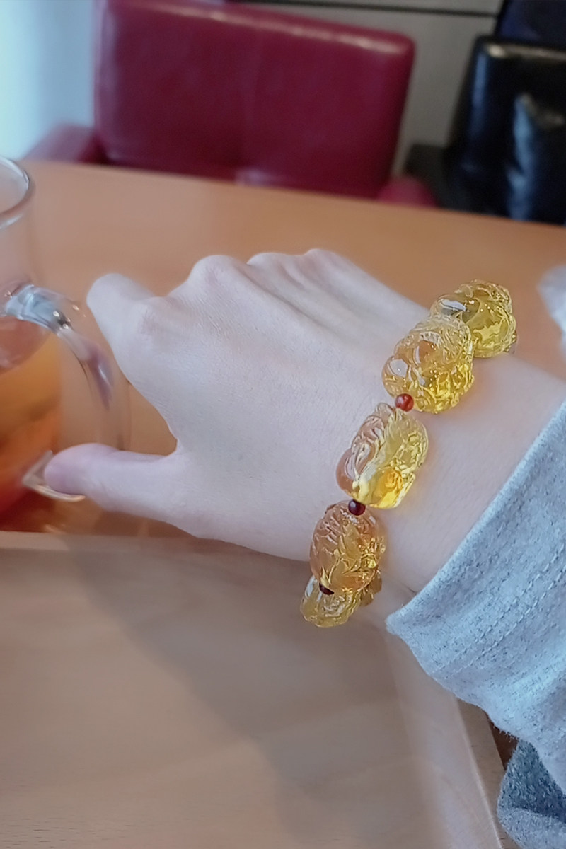 天然琥珀蜜蜡金珀女男手串金珀招财貔貅琥珀手链附带证书