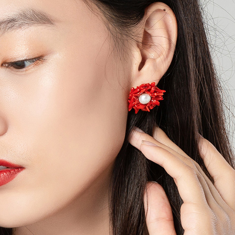 天然珍珠海竹珊瑚耳环耳钉女纯银韩国气质高级轻奢设计感复古个性