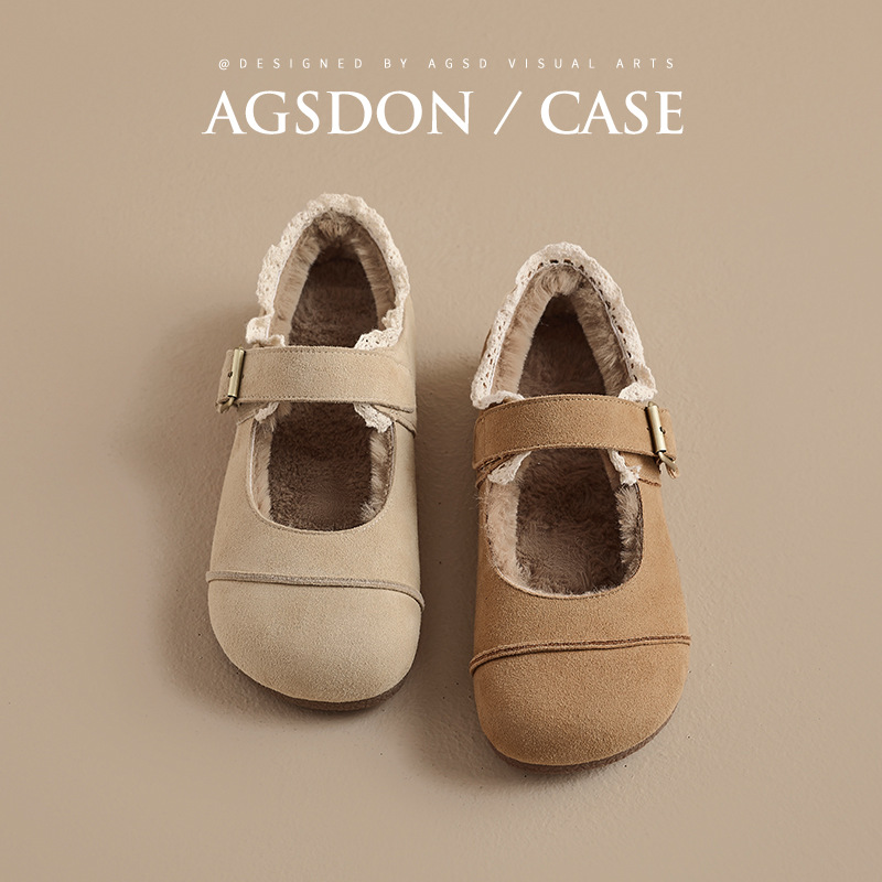 奥古狮登加绒勃肯鞋女2025年秋冬新款休闲平底一脚蹬浅口玛丽珍鞋