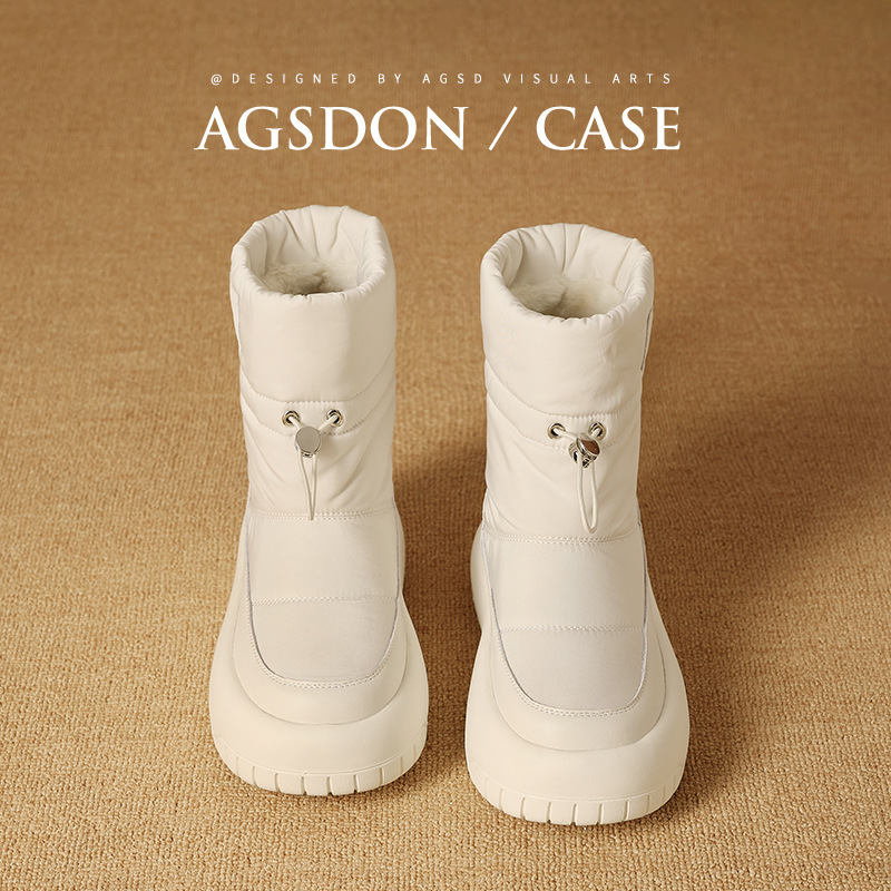 奥古狮登户外雪地靴女新款冬季厚底运动短靴加绒加厚潮白色棉鞋子