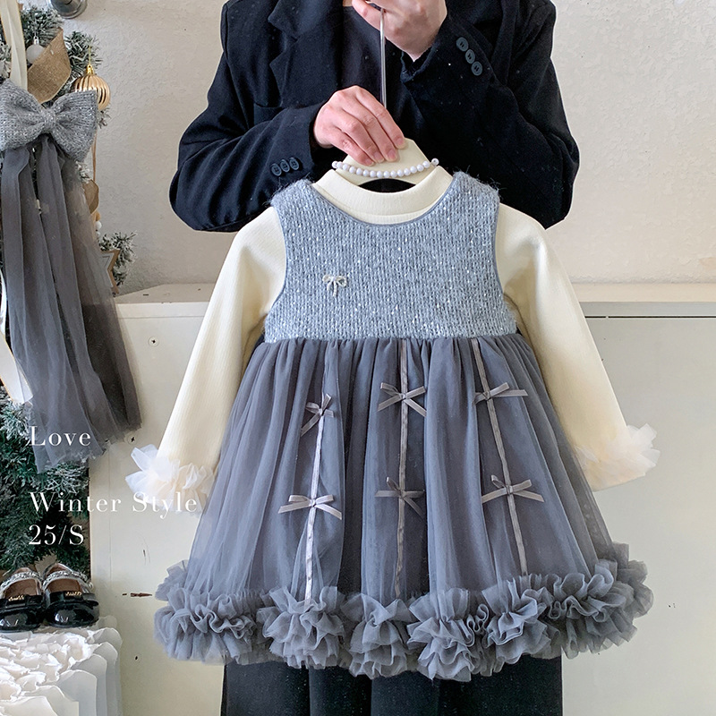 2025新款秋冬女童加绒打底上衣加绒无袖蝴蝶结网纱连衣裙两件套