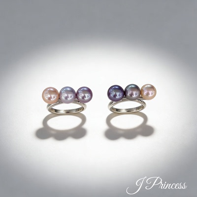 【J PRINCESS】精品天然淡水珍珠戒指糖果色平衡木款正圆无瑕极光