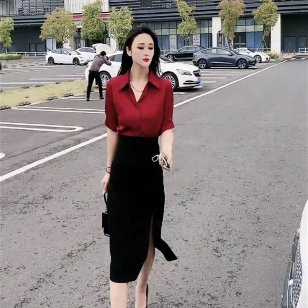 网红爆款时尚两件套裙女2024夏装新款性感露肩显瘦短袖+开叉长裙